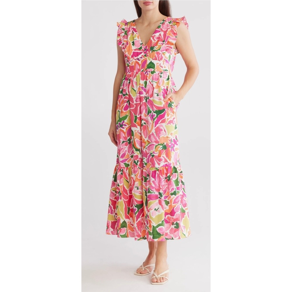 Maggy London Pink Floral Ruffle V-Neck Tiered Midi Dress Sz 14 NWT